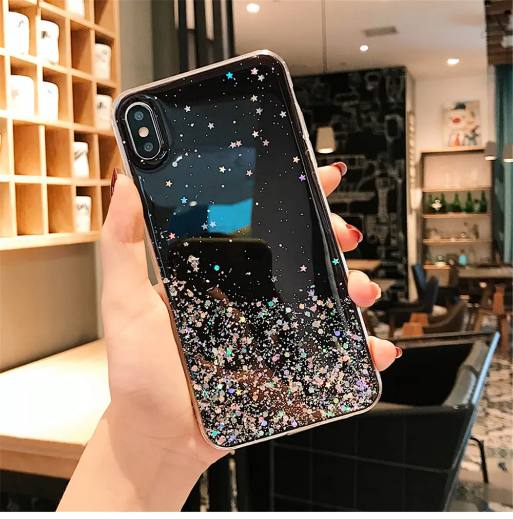 Glitter Bling Star Sequins Case For iPhone 8 7 Plus 7p 6 S 6s Clear Transparent Cases For iphone X XR XS MAX 10 Soft TPU Cover - Цвет: Black