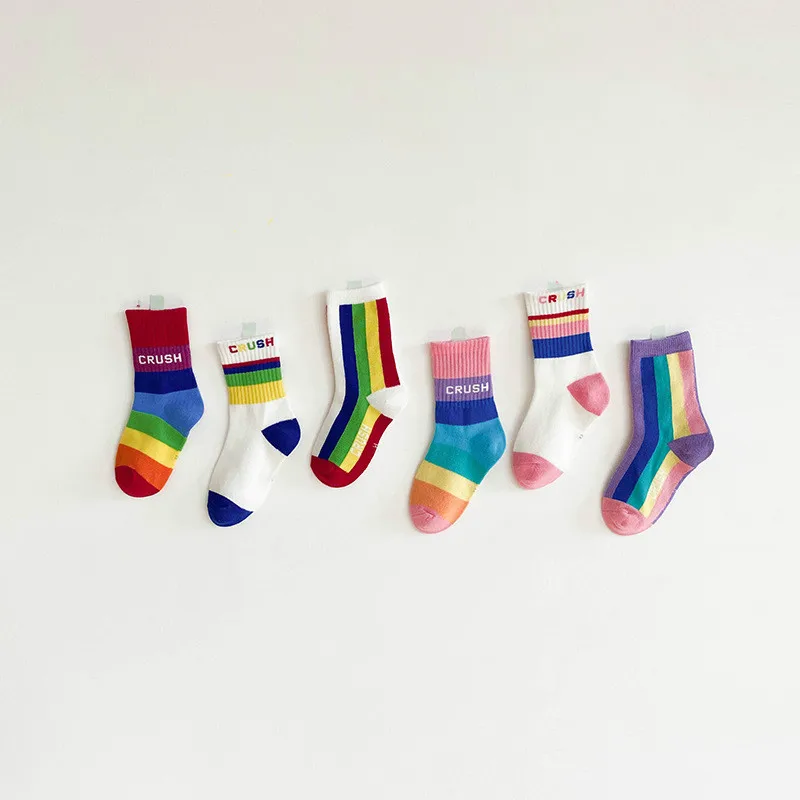 3 Pairs/lot Children's Socks Spring New Korean Fashion Rainbow Strip Baby Socks Kids Boys Girls Cotton Sports Socks