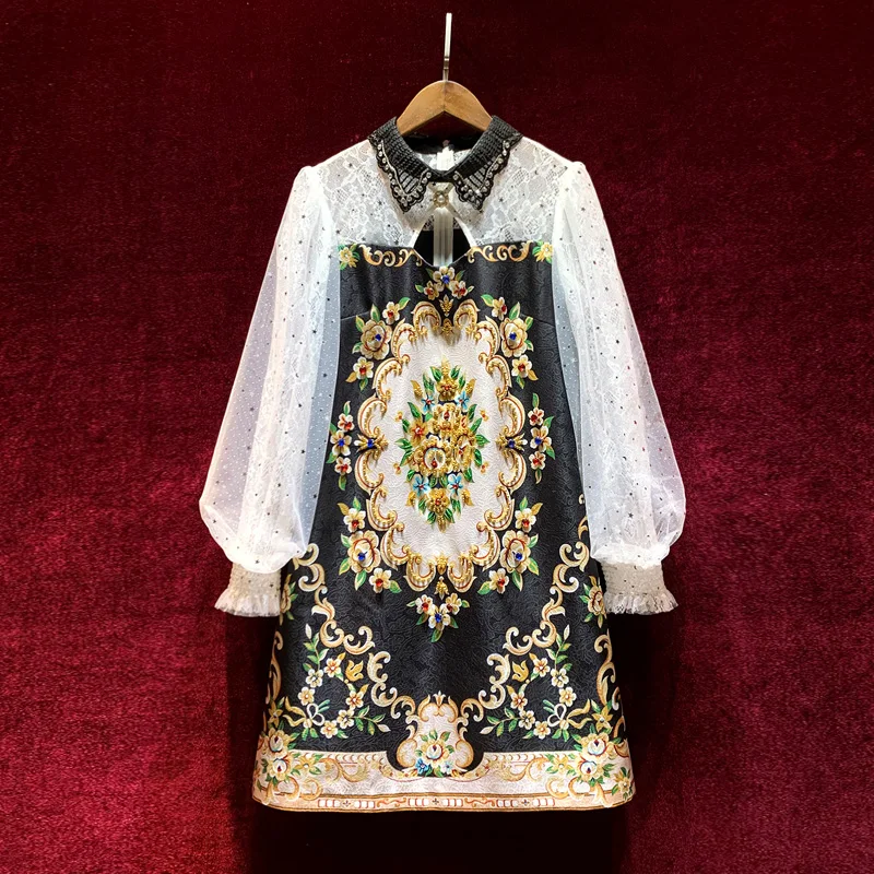 

Embroidery Beaded Belt Drill Mesh Temperament Retro Palace Heavy Industry Long-sleeved Dress Autumn 2021 Dress for Women