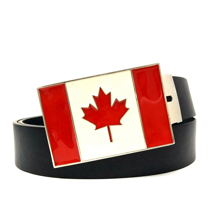 Black Casual Boys Men Hip Waist Belts with the Maple Leaf Canadian Flag Metal Buckle Western Cowboy Fashion Male Accessories