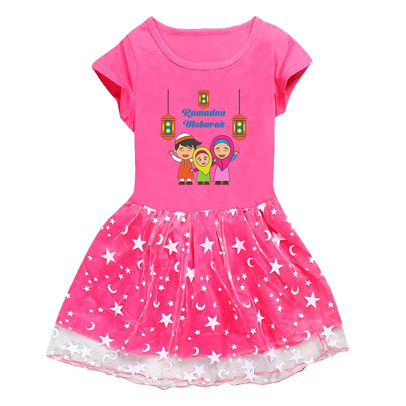 

Lesser Eid Mubarak Girls Dress Summer Kids T Shirt Colour Gauze Pleated Princess Patchwork Dresses Cute Cartoon Printed Clothes