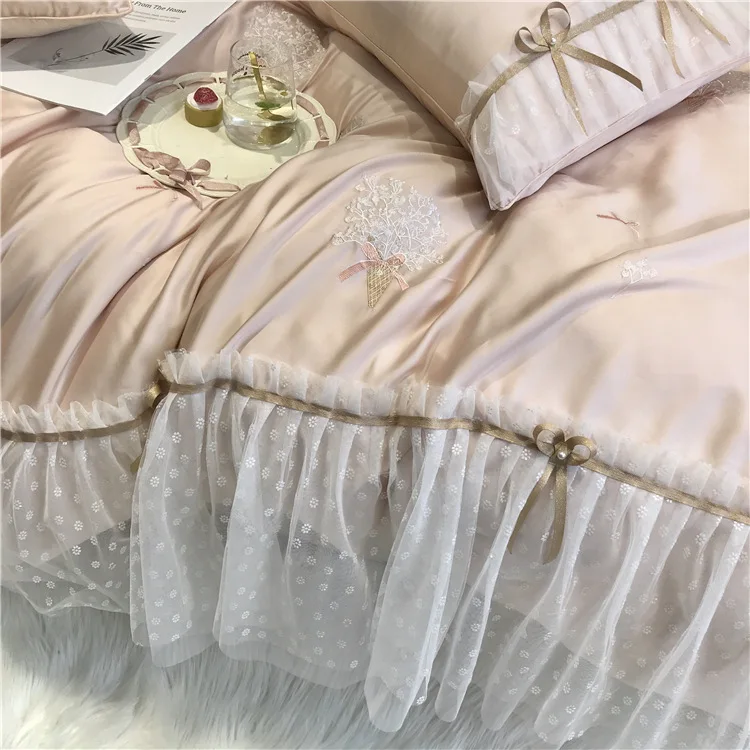 

European Style Lace Bedding Embroidery Flower Princess Wind Tencel Girls 4PCS Smooth Breathable and Shiny Duvet Cover Set