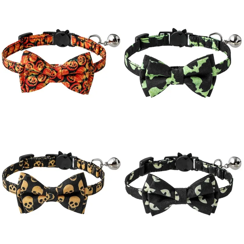 

Dog Collar Halloween Cat Collars With Bells Pumpkin Skull Themed Quick Release Puppy Collar Adjustable For Small Puppy Pet