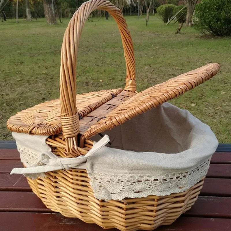 

Handmade Wicker Basket with Handle Wicker Camping Picnic Basket with Double Lids Storage Hamper Basket with Cloth Lining