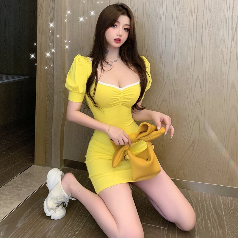 

Short Puff Sleeve Square Collar Skinny Mini Dress Summer Low Cut Women Fashion Sexy Party Club Outfits Clothing Street Vacation