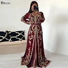 Бордовые Caftan Marocain вечерние платья для женщин с золотой вышивкой с длинными рукавами мусульманские платья Платья для вечеринок