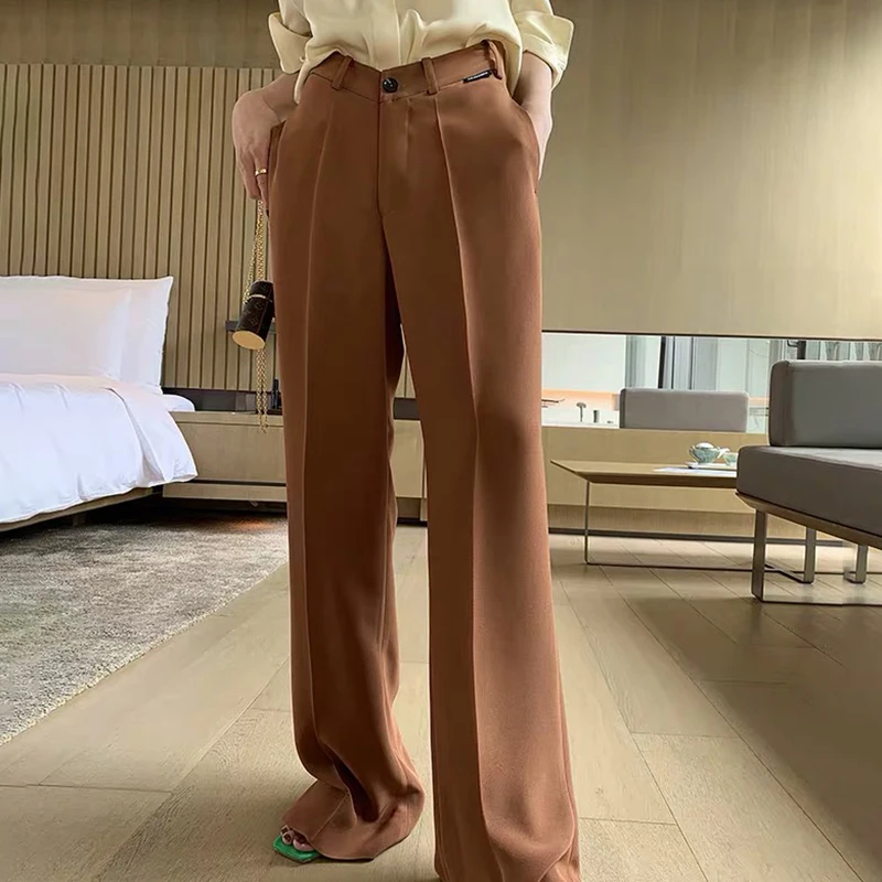 camel TWOTWINSTYLE элегантные прямые брюки женские с высокой талией однотонные Большие размеры свободные широкие брюки женские Модные осенние брюки - Цвет: camel