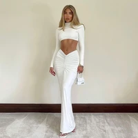 zoctuo dress womens suit white 2 pieces long sleeve high neck crop top ruched midi skirt set elegant party streetwear vestidos