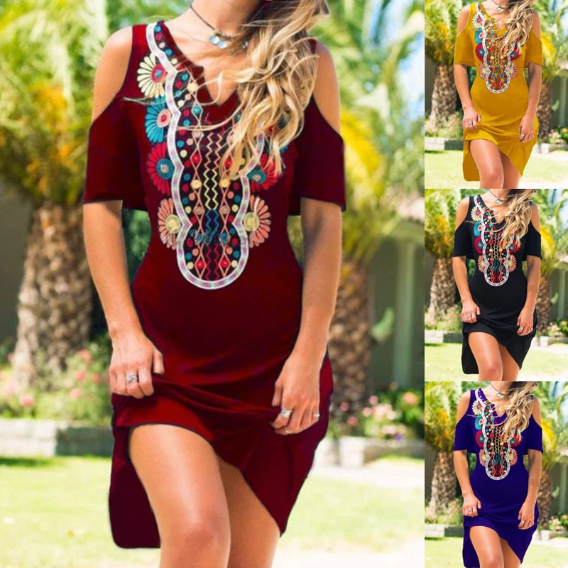 С открытыми плечами V образным вырезом Племенной платья женские модные