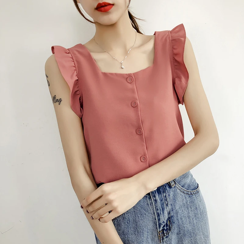 Женская шифоновая блузка MUMUZI белая без рукавов с рукавами крылышками оборками