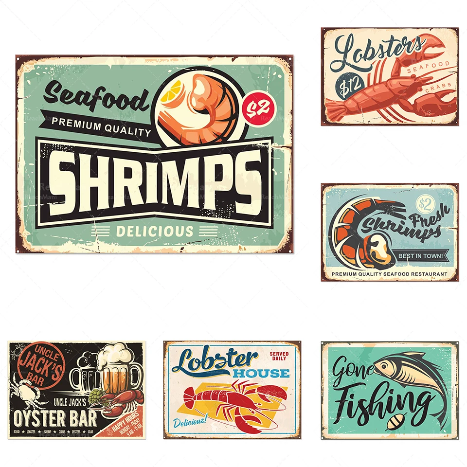 

Vintage seafood poster fish shrimp lobster fishing 50s restaurant style American kitchen wall art seafood restaurant prints