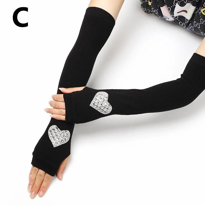 Женские зимние перчатки Стразы вязаные эластичные с открытыми пальцами длинные