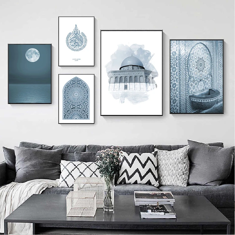 

Islamic Vintage Blue Poster Mosque Landscape Canvas Print Morocco Wall Art Painting Bohemia Picture Room Decoration Modern Home