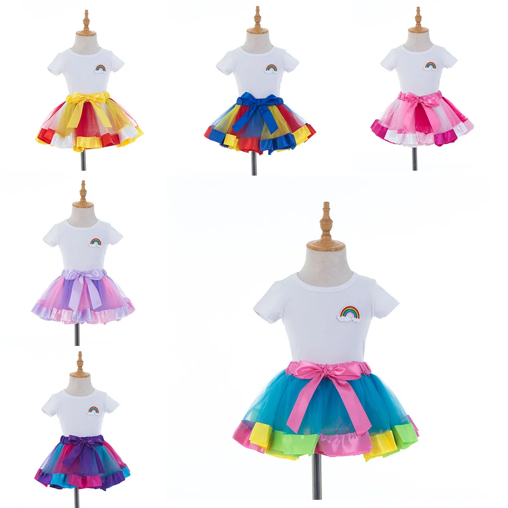 Summer Girls Rainbow Clothes Set Mesh Tulle Tutu Dresses Simple White Cotton Short Sleeve Kids S/M/L Colorful Dress Skirt Set