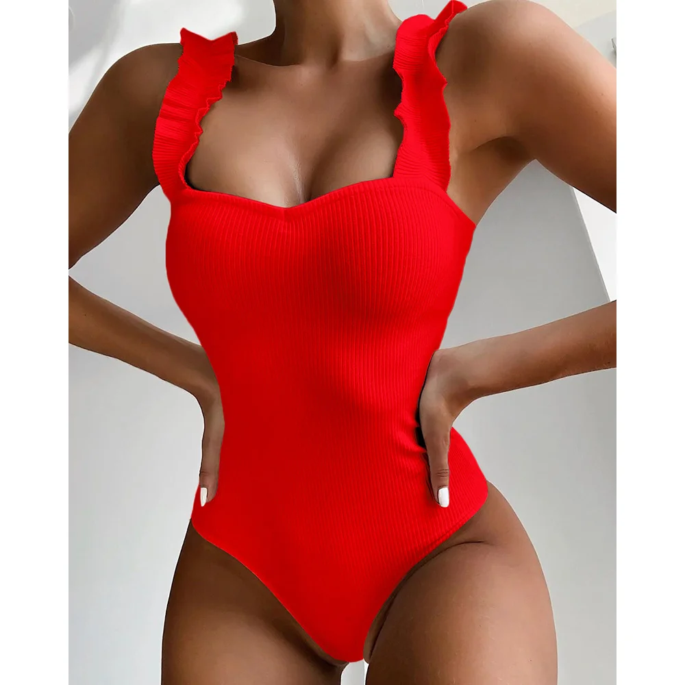 

2021 New Sexy Female Swimsuit Vintage One Piece Ruffled Push Up Solid Red Swimwear Women Monokini Padded Bathing Suits