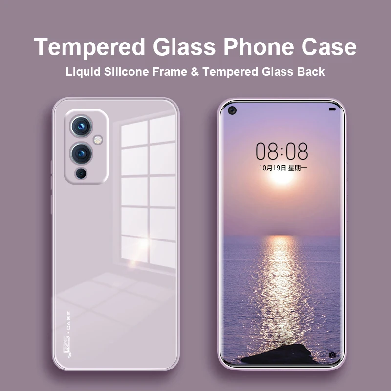 

Luxury 9H Tempered Glass Phone Case For OnePlus 9 Pro Liquid Silicone Frame Cover For OnePlus 9 Lens Protection Case