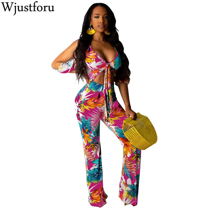 

Wjustforu Summer Beach Print Jumpsuit Female Hollow Out Bandage Wide Leg Bodysuit Women Off Shoulder Fashion Sexy Overalls Slim