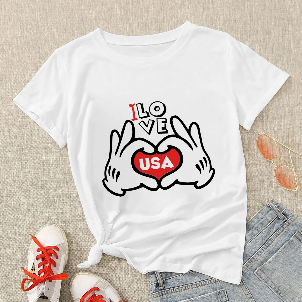 

I LOVE USA Print T Shirt Womens Disney Mickey Mouse Series Aesthetic Clothes Home Casual Summer Lady T-shirt Youth Fashion