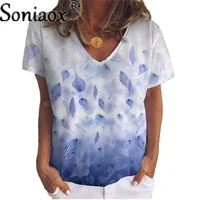 2022 spring summer leaf print short sleeve t shirt women clothes loose fashion v neck street tops casual ladies t shirts femme