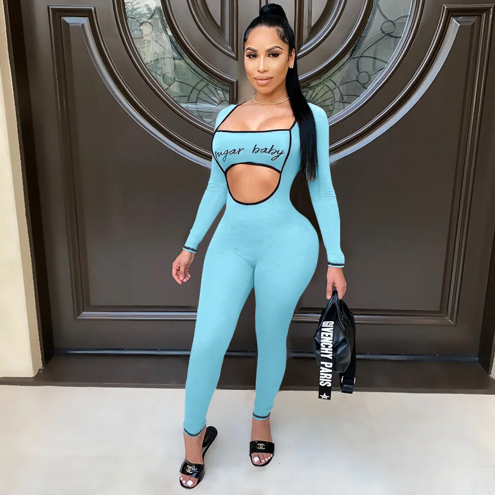 

49A6602 Autumn Winter Women Casual Fashion Home Letter Tube Top Hollow Out Skinny Rompers Plus Size Hot