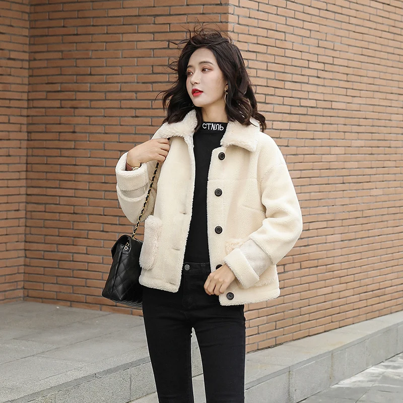 Женская Шуба из овечьей шерсти однотонная короткая шуба зима 2019|Куртки