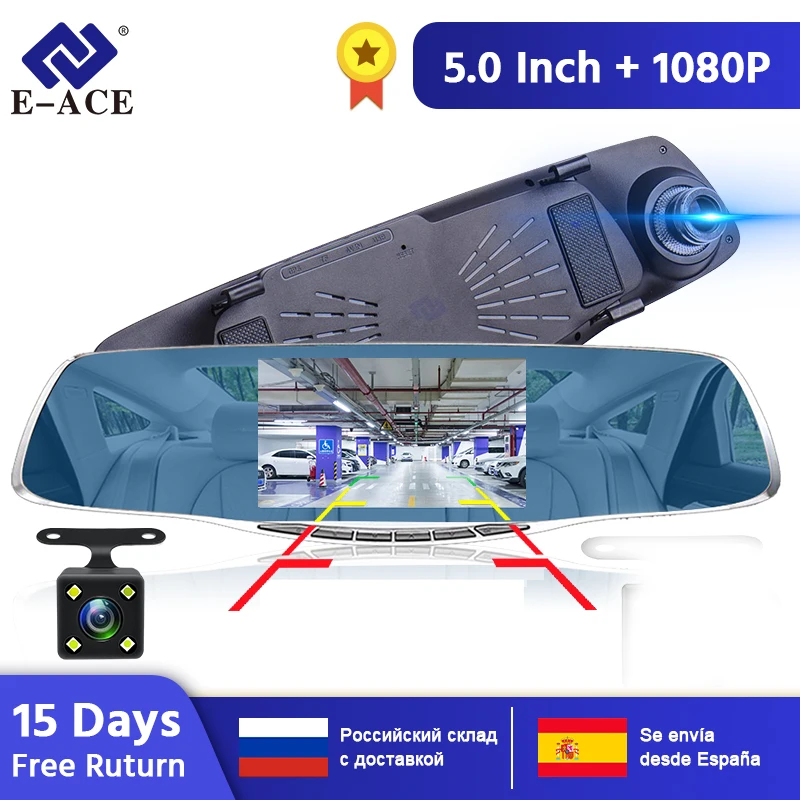 E-ACE Видеорегистраторы для автомобилей регистраторы для Full HD 1080 P 5 дюймов IPS зеркало заднего вида видеокамер авто видео регистратор Двойной объектив Камера DVR Регистраторы