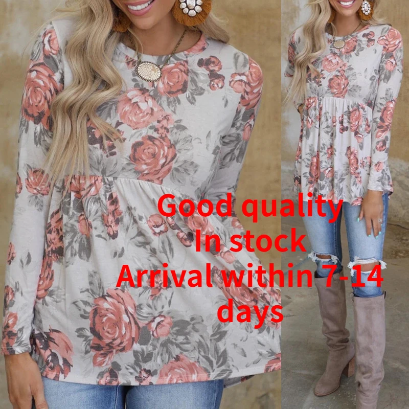 

2021 ladies fashion spring and summer new European and American floral long-sleeved round neck women clothes kawaii clothes