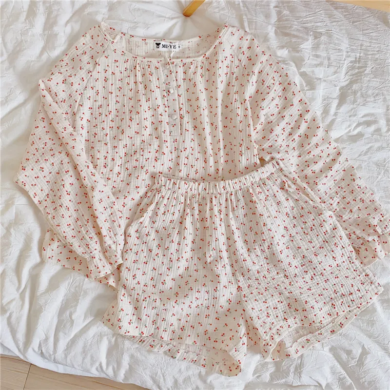 

Pajamas Woman Summer Long Sleeve Top+Shorts Print Cotton Yarn Sleepwear Set Sweet Home Suit for Girls Breathable