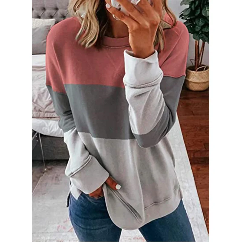 

Sweatshirt For Women O-Neck Cotton Tops Long Sleeve Ladies Sweatshirt Women's Patchwork Sweatshirt Poleron Mujer 2021