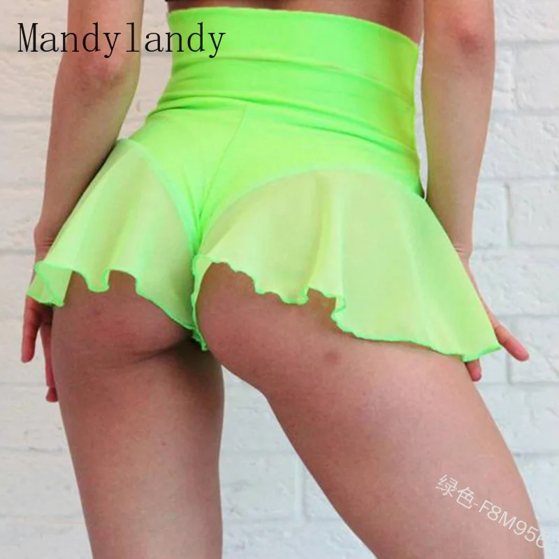 

Mandylandy Plus Size Women Fashion Booty High Waisted Shorts with Pleated Transparent Skirt Pole Dancing Ruffled Hot Pants