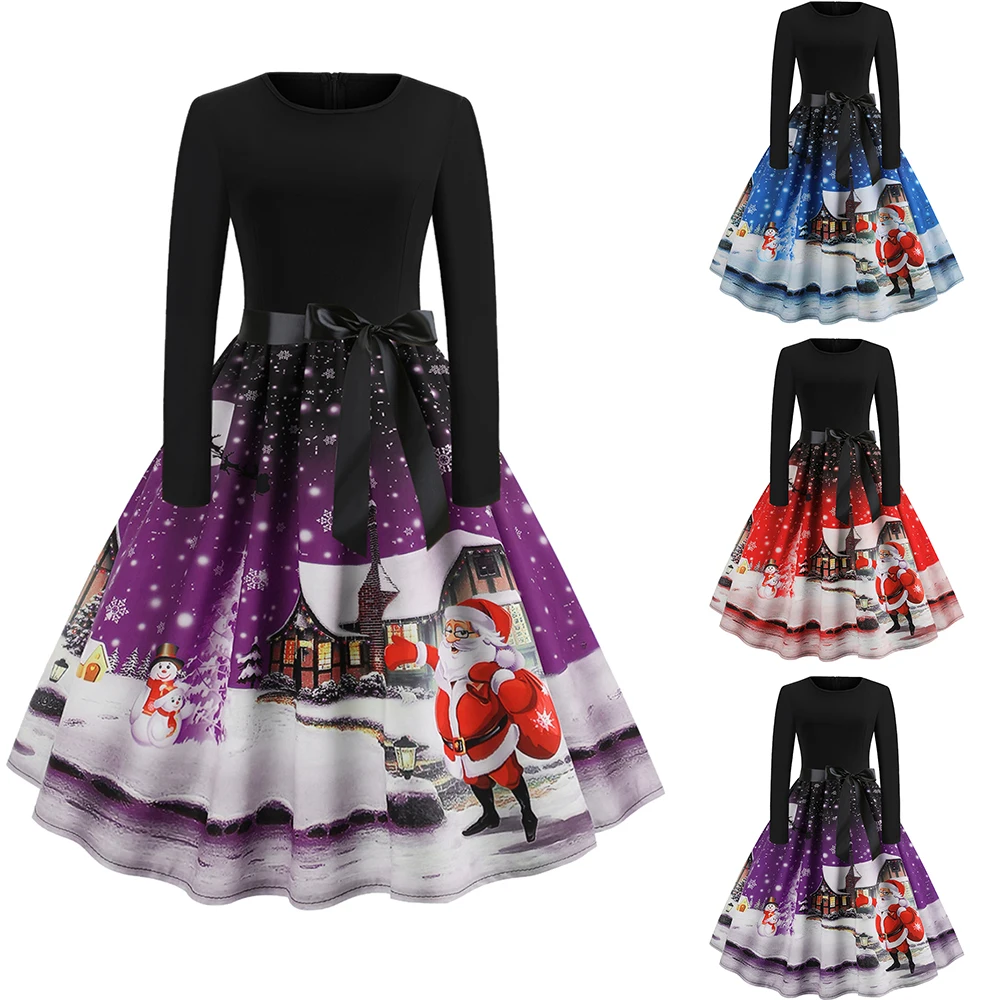 Women Christmas Long Sleeve Print Elegant Vintage mid calf dress Party Dress Robe 2019 Autumn Winter Casual Plus Size Xmas | Женская