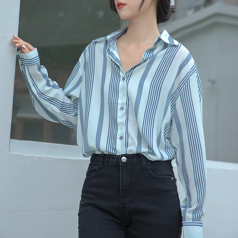 

Женские шифоновые блузки, рубашки в полоску с длинным рукавом и отложным воротником, осень 2021, женские модные топы, повседневные корейские ж...