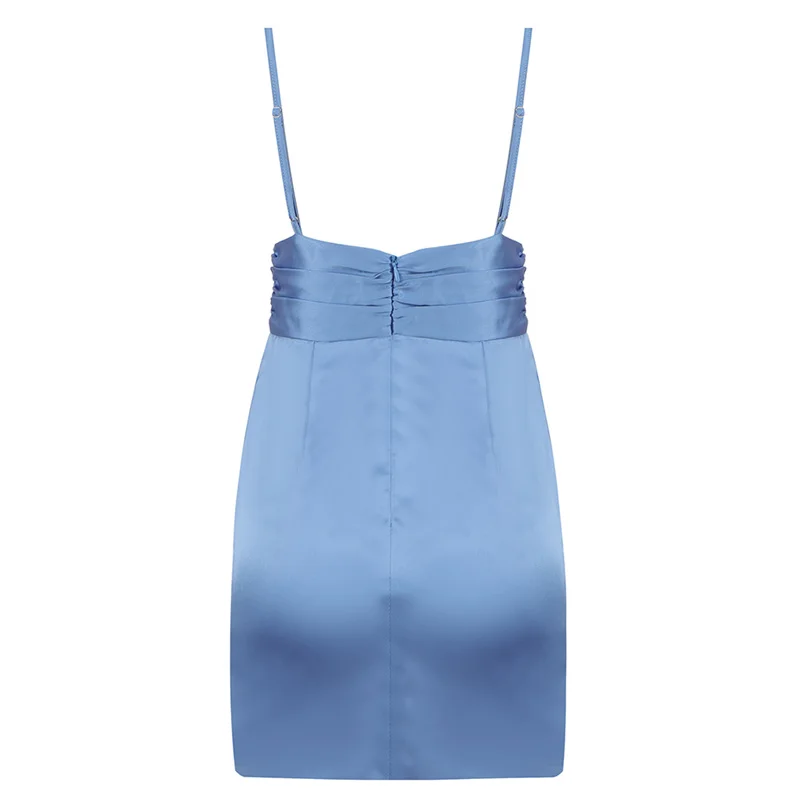 

free shipping Wholesale 2020 woman's dress Blue Backless Sexy Spaghetti Strap V Neck Ruffles celebrity cocktail party dress
