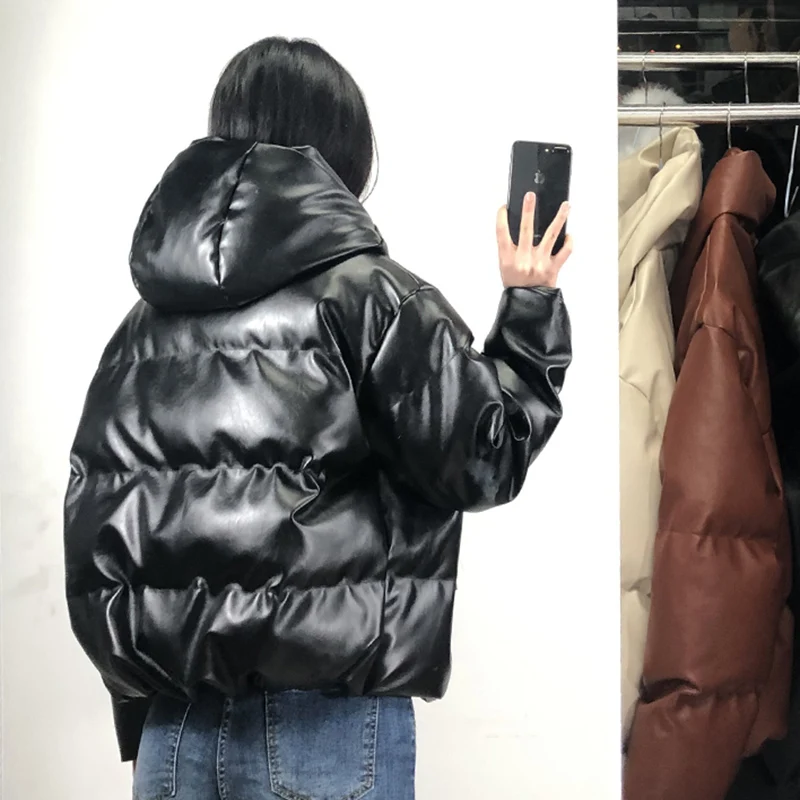 

Fandy Lokar Zipper Short Parkas Women Fashion Pockets PU Leather Coats Women Elegant Winter Hooded Cotton Jackets Female Ladies