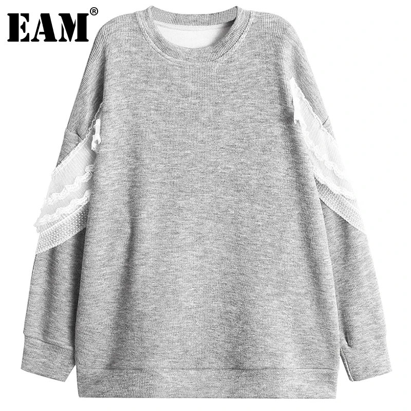 

[EAM] Gray Lace Big Size Knitting Sweater Round Neck Long Sleeve Women Pullovers New Fashion Tide Autumn Winter 2021 1DE4115