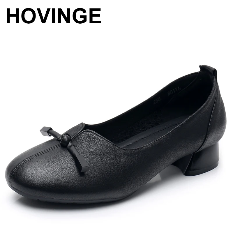 

HOVINGE 2020 women autumn spring genuine leather low heels thick handmade shoes Vintage shoes cowhide woman pumps