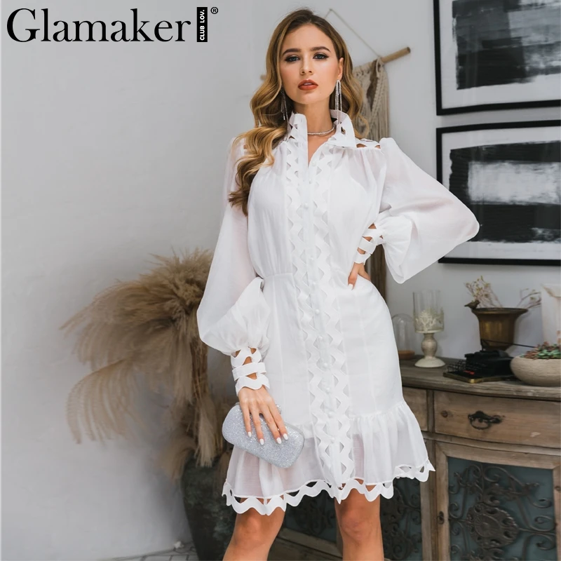 Glamaker сексуальное прозрачное короткое платье с рюшами для женщин длинным рукавом