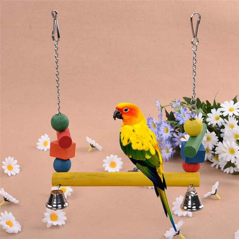 

Качели для домашних животных, игрушка для жевания и кусания с колокольчиком, аксессуары для птичьей клетки, красочная подвесная деревянная ...