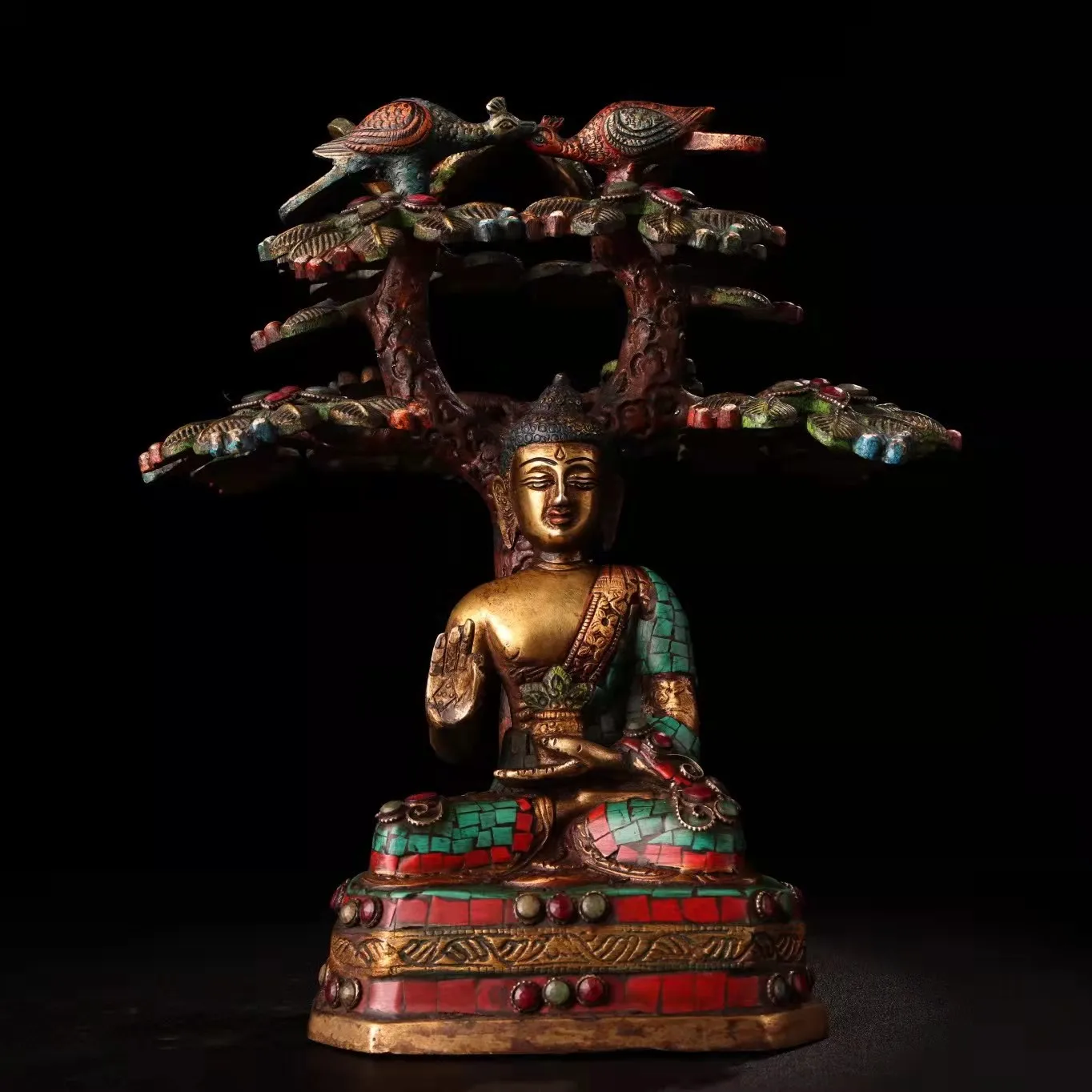 Старая тибетская Чистая медь окрашенные инкрустированные драгоценные камни