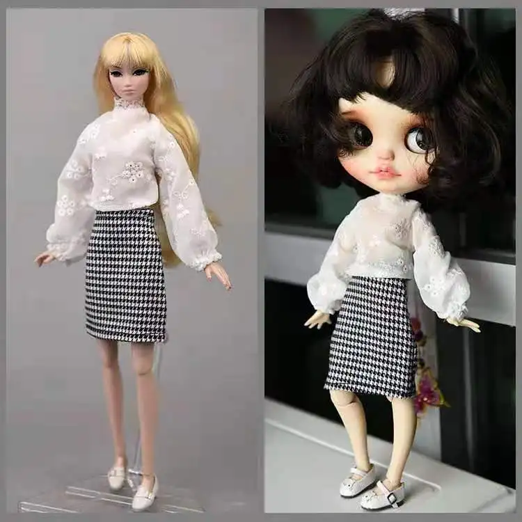 

Fashion Doll Clothes Set for Barbie Doll Outfits Long Puff Sleeve Shirt Tops Houndstooth Plaided Skirt for Blythe 1/6 BJD Toys