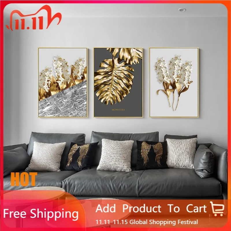 

Nordic Golden abstract leaf flower Wall Art Canvas Painting Black white feathers Poster Print Picture for Living Room Decor