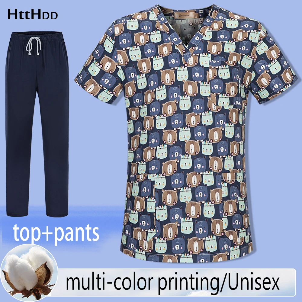 

V Neck Top Casual Clinic Scrubs Tops Women Short Sleeve Cartoon Print Uniform Health Pet Nurse Workwear Beauty Salon Care Shirt