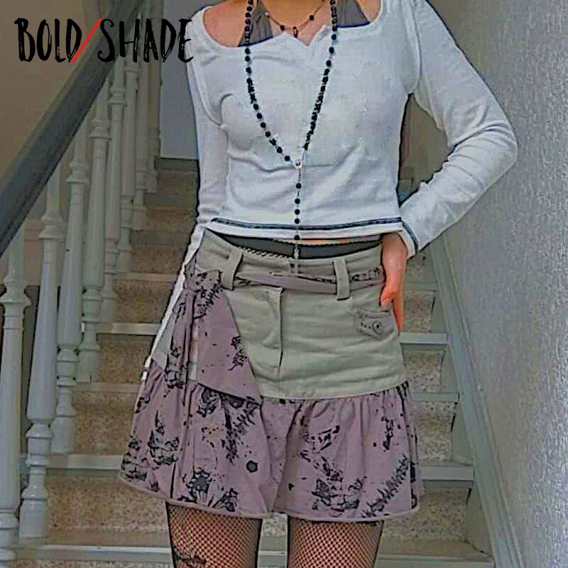 

Bold Shade Streetwear Fashion Mini Skirts Grunge Gothic Style Patchwork Print Aline Skirts Y2K Vintage Style Women Slim Outfits