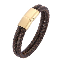 punk brown double braided leather rope bracelet vintage men jewelry stainless steel magnetic clasp male wristband gifts pd0511