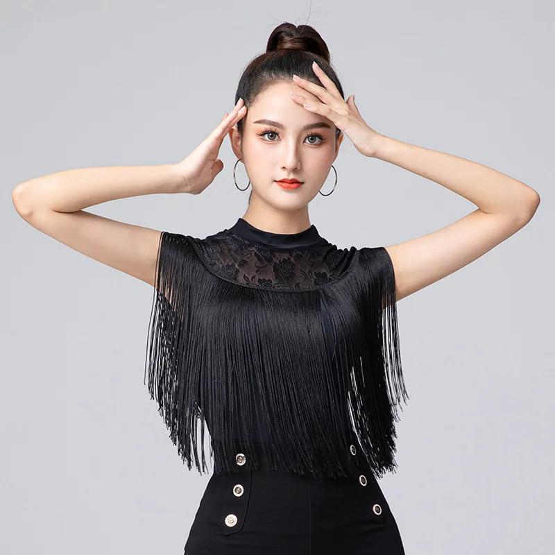 Women Latin Dance Performamnce Tops Tassel Fashion Sexy Lace Neck Fringe Design Dancing Dress Cloth Tango Chacha |