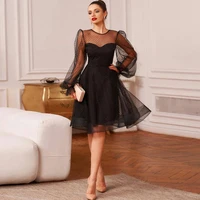 black dots tulle long sleeve knee length homecoming dress o neck illusion short cocktail dress special occasion gown