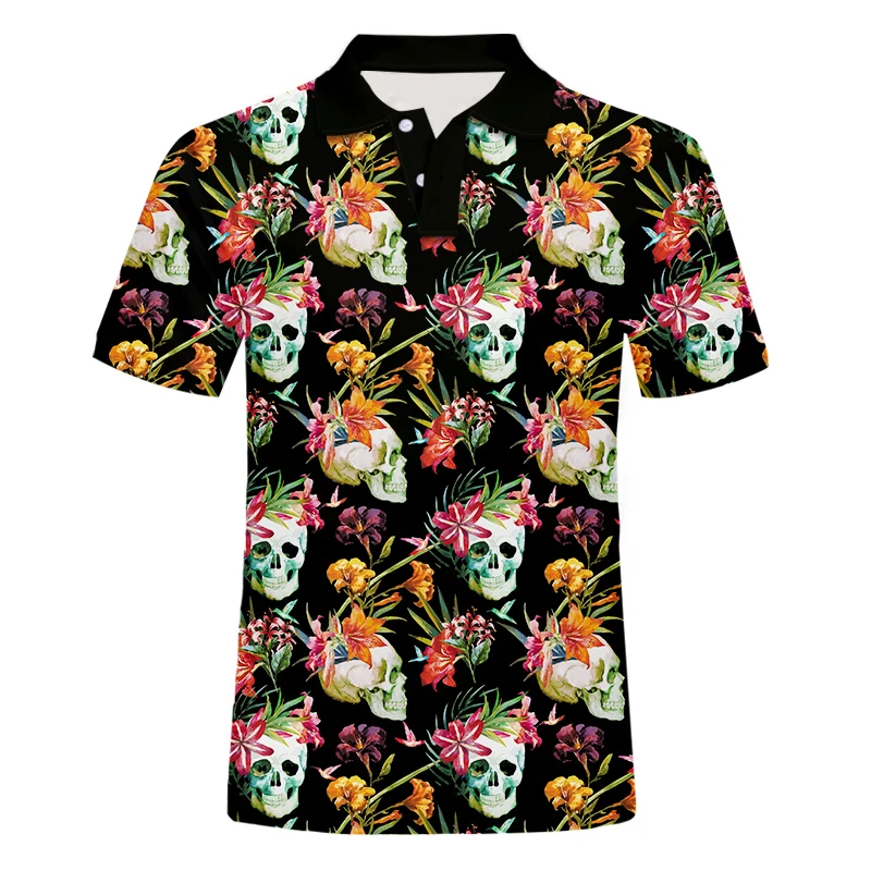 Fashion Men Polo Shirt 3D Floral Skull Print Short Sleeves Button Shirt Super Cool Hip Hop Hrajuku Casual Oversize Dropshipping
