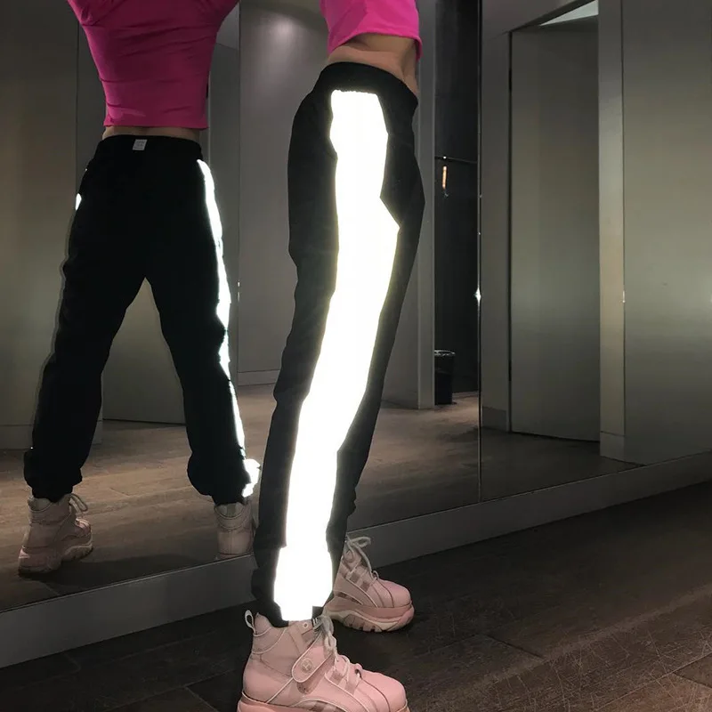 

Women’s Stylish Korean Sports Gym Trousers Fashion Reflective Strip High Waist Drawstring Beam Feet Casual Dance Hip Hop Pants