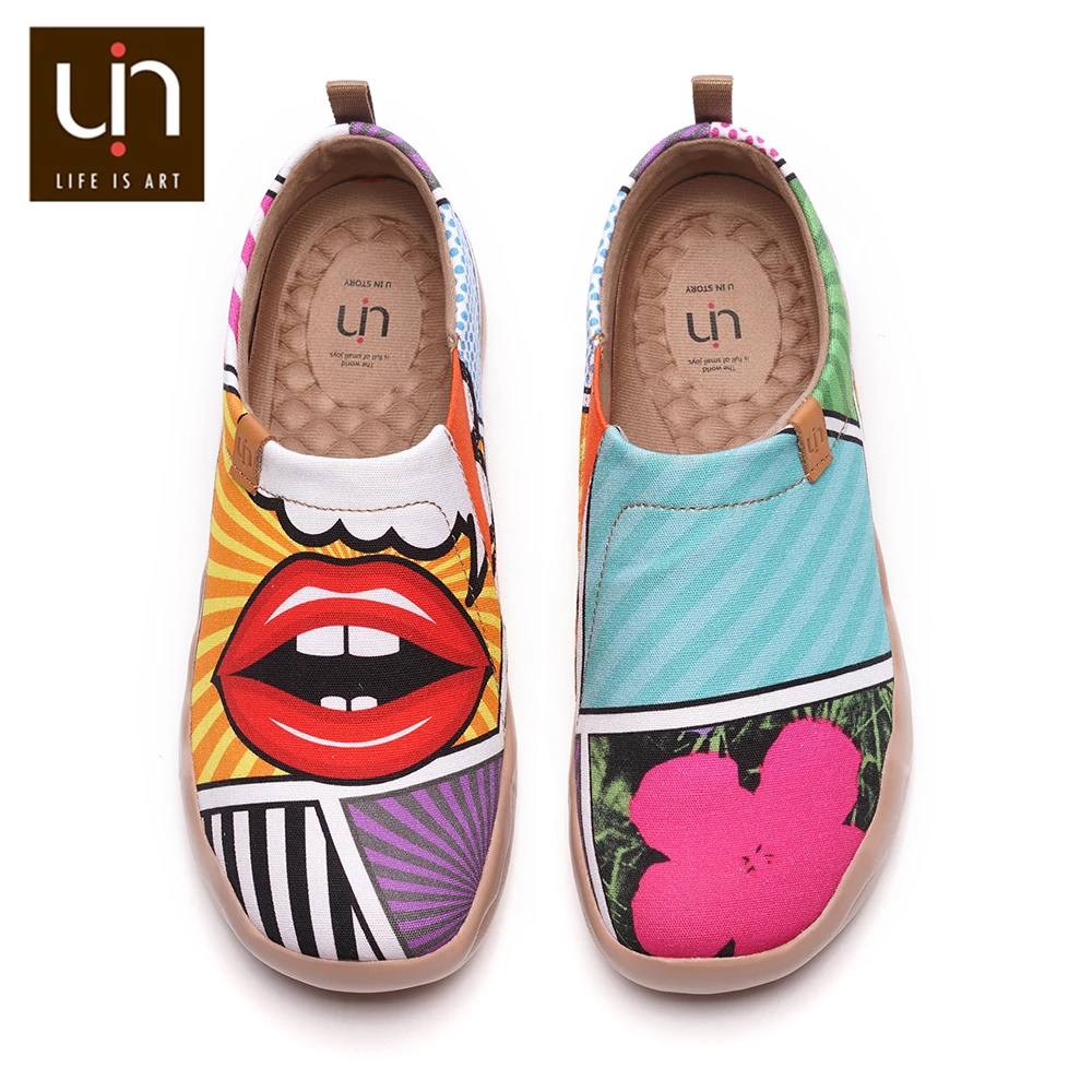 

UIN Comic Cartoon Art Painted Canvas Shoes for Women Easy Slip-on Loafers Wide Feet Comfort Walking Shoes Ladies Soft Flats
