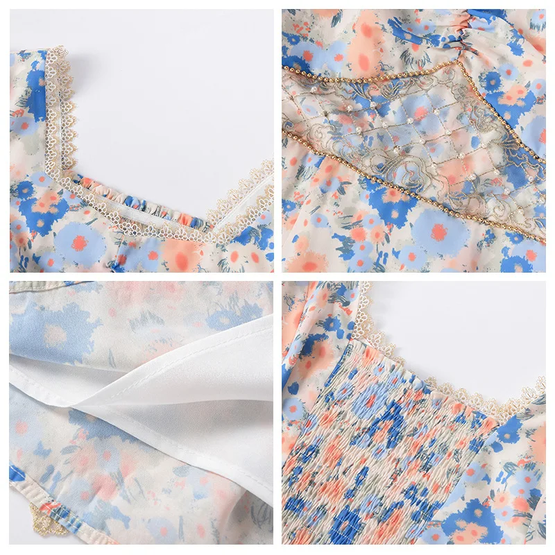 

Summer Women's Long Dress Female Puff Sleeve Floral Chiffon Dress